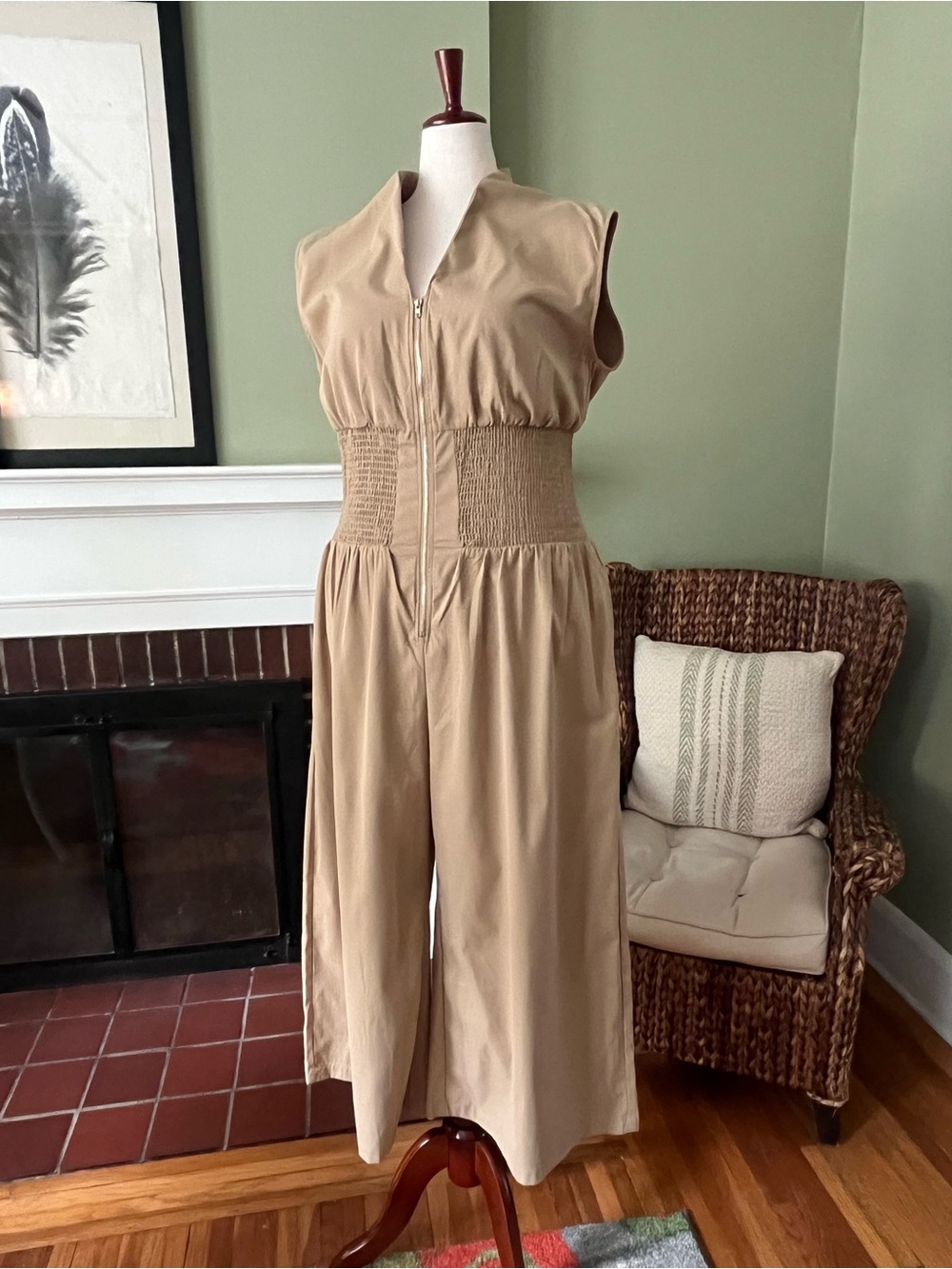 Camel Zip Front Smocked Waist Wide Leg Cropped Jumpsuit Size XXL